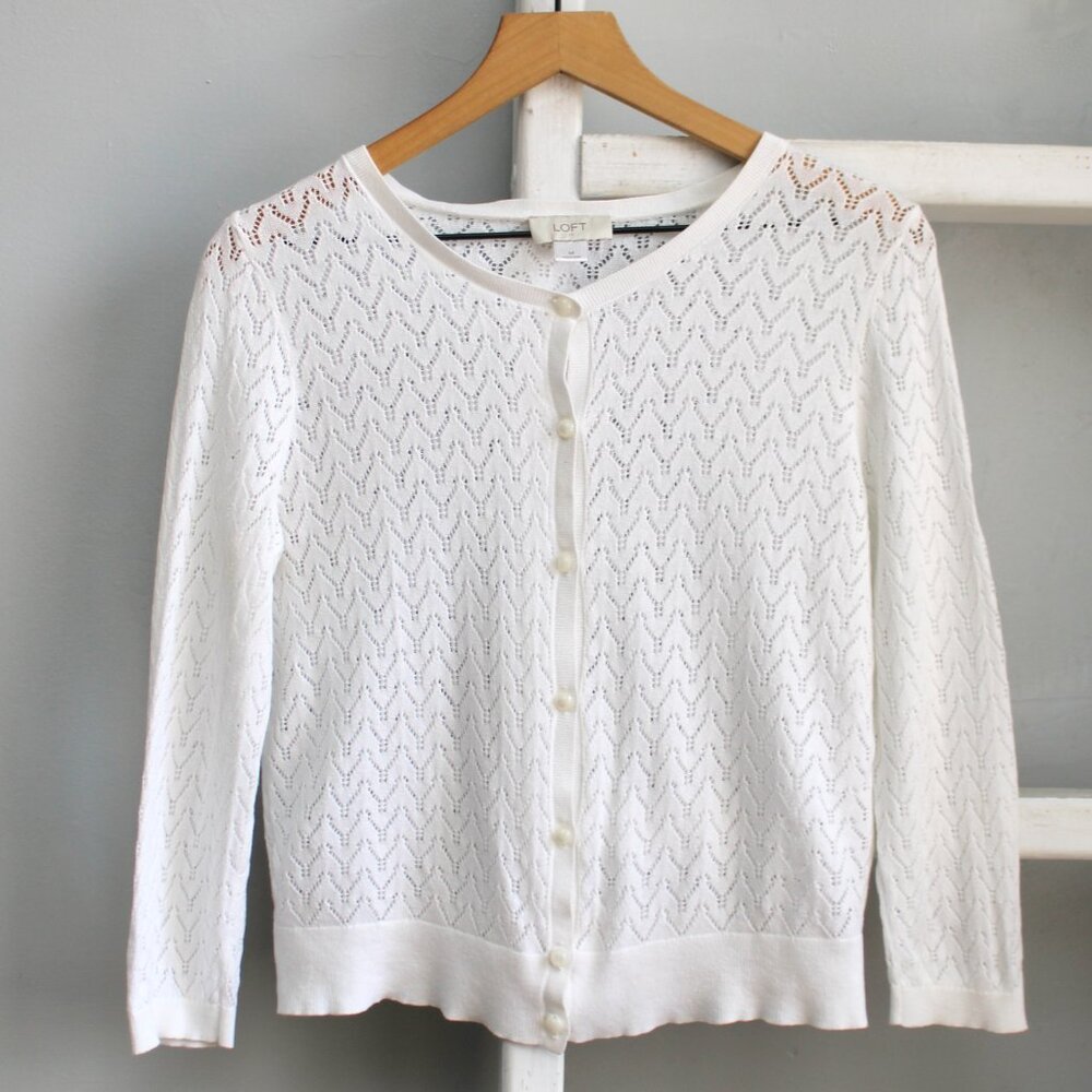 Ann Taylor The LOFT White Open-Knit Button-Up Cotton Cardigan Size Medium